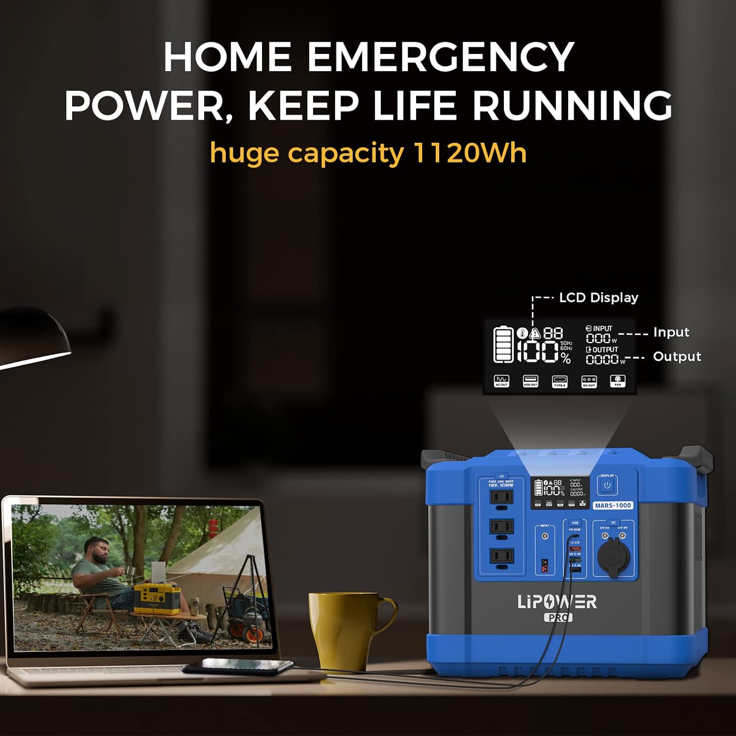 LIPOWER Portable Power Station, 1200W Solar Generator LiFePO4 Battery MARS-1000 PRO 1120Wh with AC Outlets Emergency Power for Camping, RV, Outdoor : Electronics