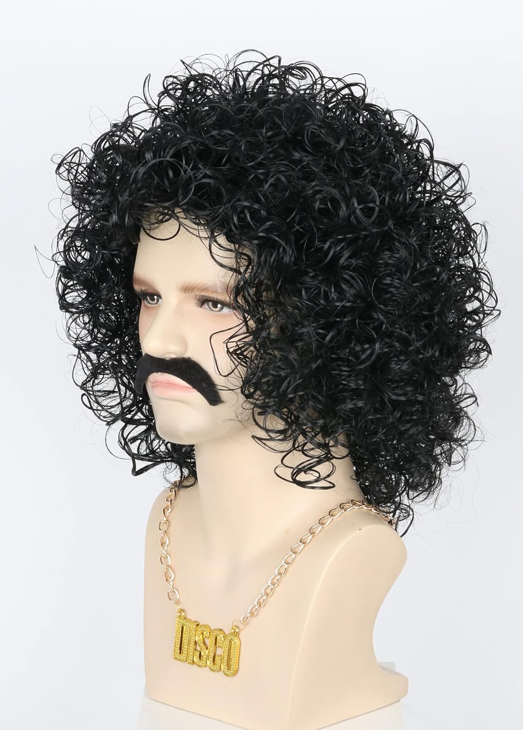 LeMarnia 70's Afro Wig Necklace and Beard Set for Men Black Curly Disco Rock Punk Halloween Costume Accessory Wig - Image 2