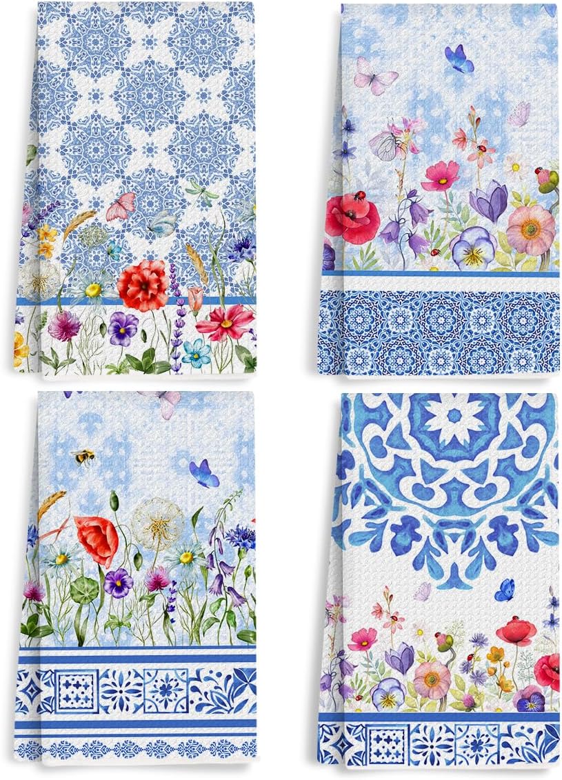 4Pcs Blue White Floral Kitchen Towels, Chinoiserie Watercolor Vibrant Wildflower & Geometric Patterns Hand Towels for Kitchen Home Decor, Absorbent Microfiber Dish Towel, Housewarming Gifts