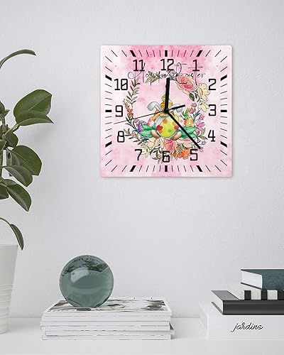 Miniatura 3 de Reloj de pared de madera de Pascua, silencioso, sin tictac, gnomos de conejo, corona de huevos de Pascua, reloj de pared cuadrado de acuarela rosa,