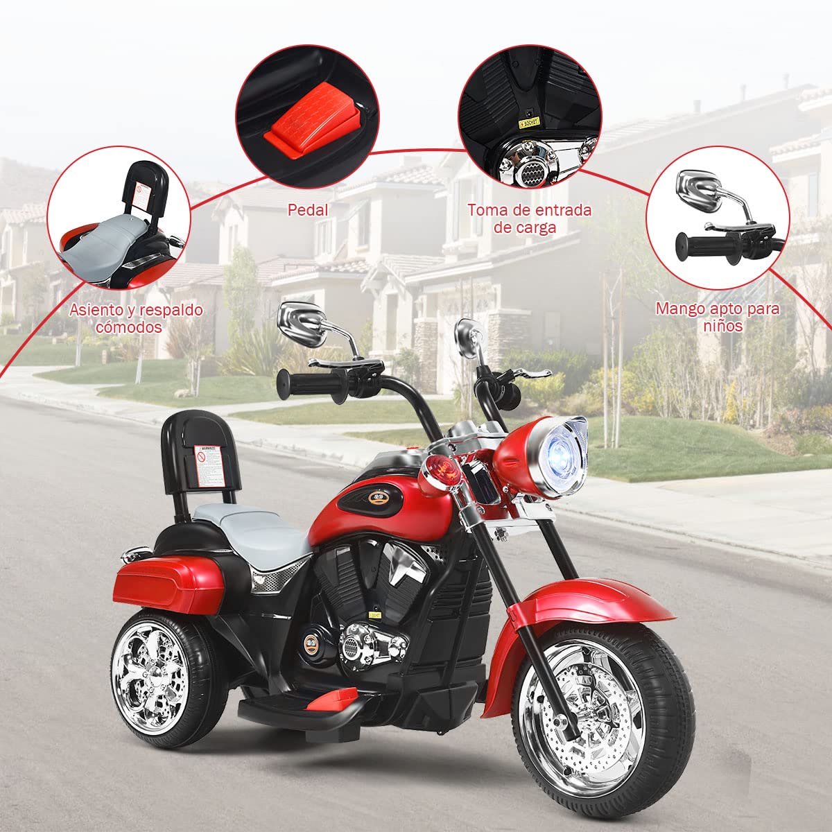 COSTWAY Moto Electrica Niños, Motocicleta Eléctrica 6V para Niños, 91 x 48 x 64 cm, Moto Montable de Batería con Marcha Adelante y Atrás, Faros Regulables, Diseño Llamativo (Rojo)