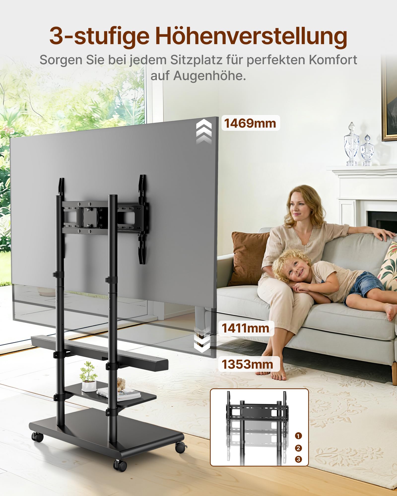 TV Ständer Rollbar mit Soundbar Halterung für 37-75 Zoll bis 70kg | Max VESA 600x400mm, Höhenverstellbar, Schwenkbar Neigbar, Stahl Fernseh Ständer mit Rollen, Stabile Doppelsäule & Ablage