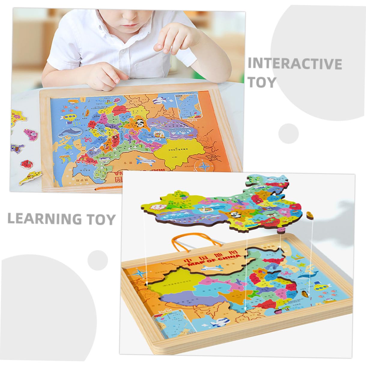 HEMOTON Rompecabezas de Mapas del Mundo China de Madera para Niños, Juego Educativo Que Mejora la Coordinación Mano-Ojo y Habilidades de Pensamiento Aprendizaje de Geografía