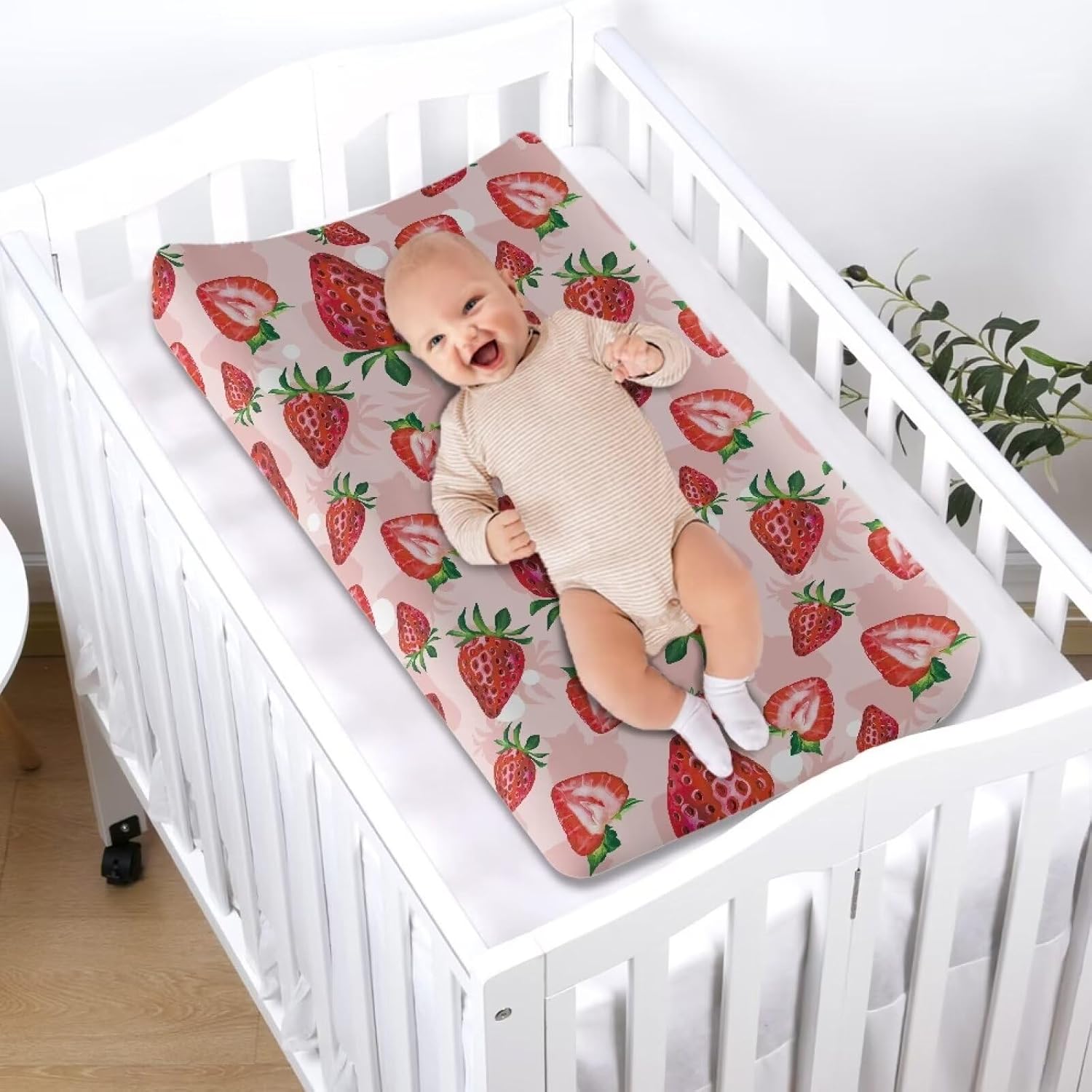 Cute Red Strawberry Print Diaper Changing Pad Covers Sofy Cozy Breathable Change Table Sheets Kawaii Fruits Theme for Baby Boys and Girls Fit 32"X16"Contoured Pad