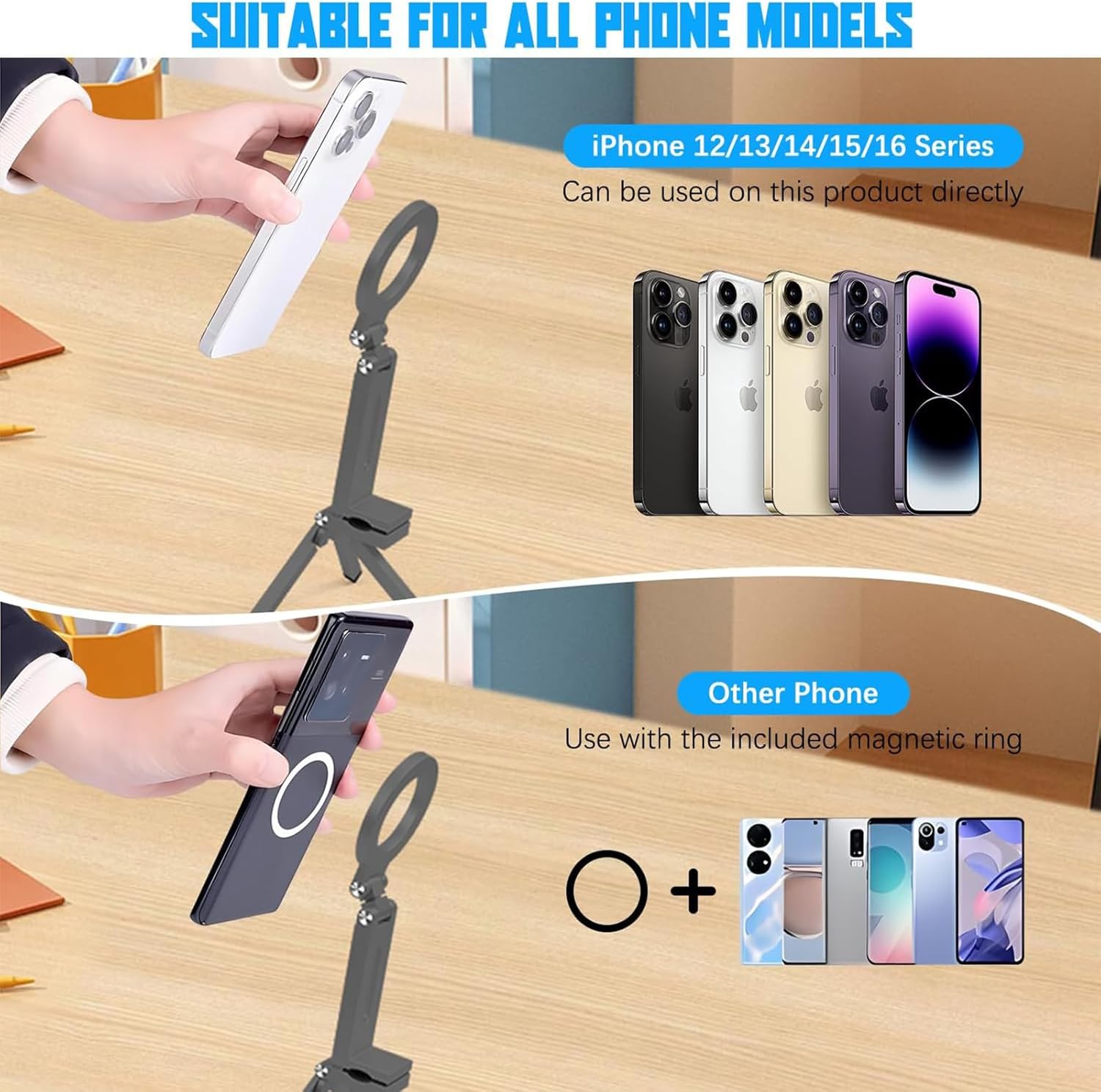 Magnetic Tripod Phone Stand, Adjustable Foldable Aluminum Alloy Megnet Cell Phone Tripod Holder with Universal 1/4 Screw Interface for iPhones and Androids with Magnetic Ring