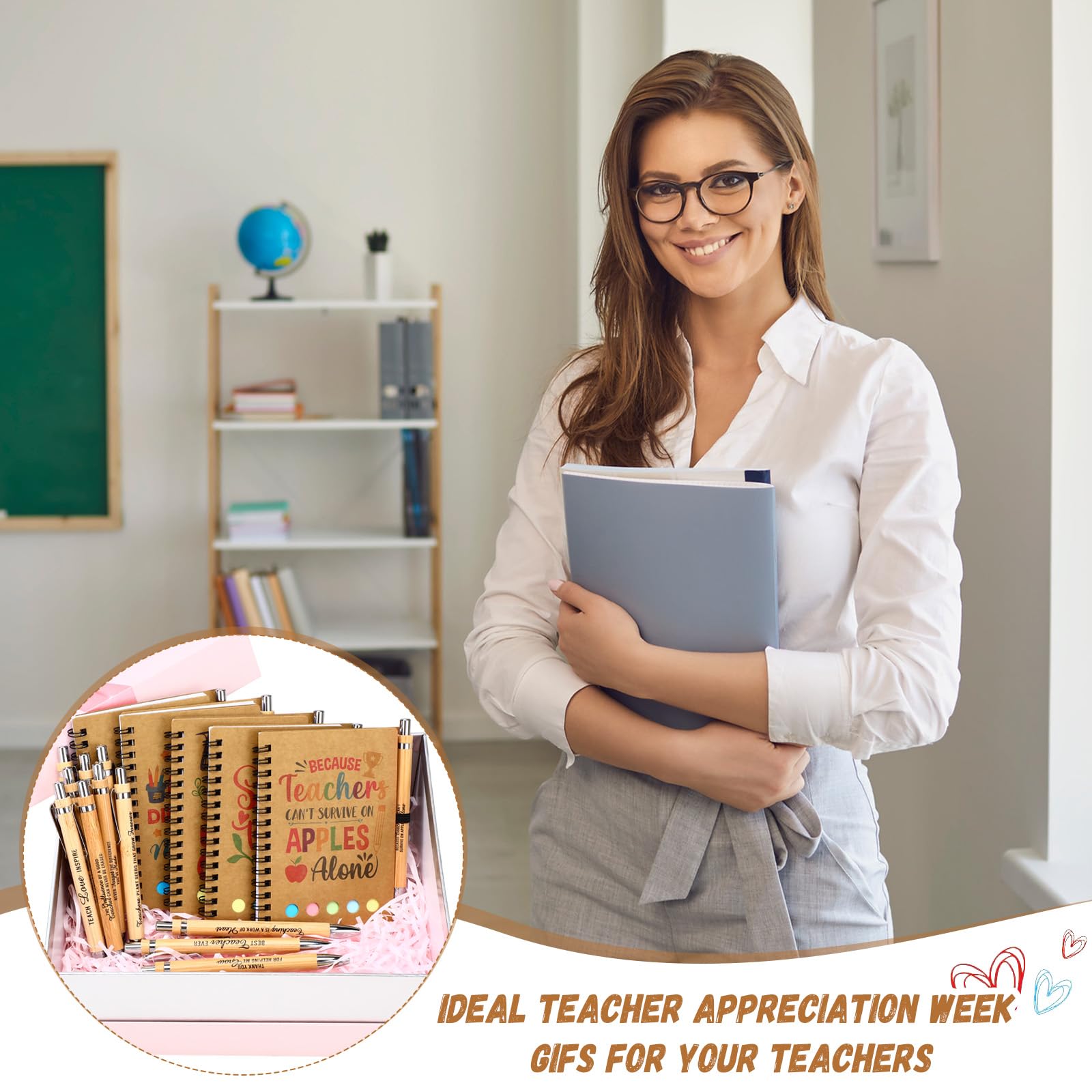 Resurhang 24 set di regali di apprezzamento per insegnanti da studenti, quaderni a spirale per insegnanti con copertina in carta kraft con note adesive colorate bandiere penne a sfera in bambù
