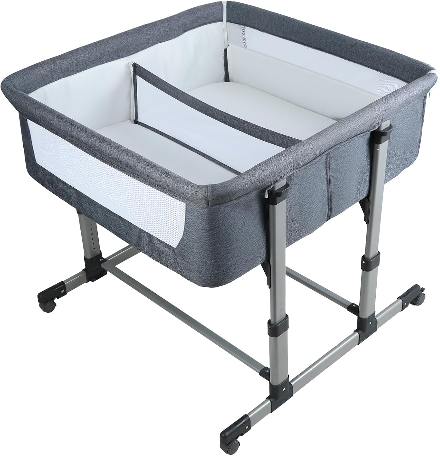 Twin Bassinet for 2 Babies, 6 Height Adjustable Twins Crib,Holds up to 88lbs，Bedside Double Bassinet with Wheels ＆ Mattress, Bedside Crib Attaches to Bed