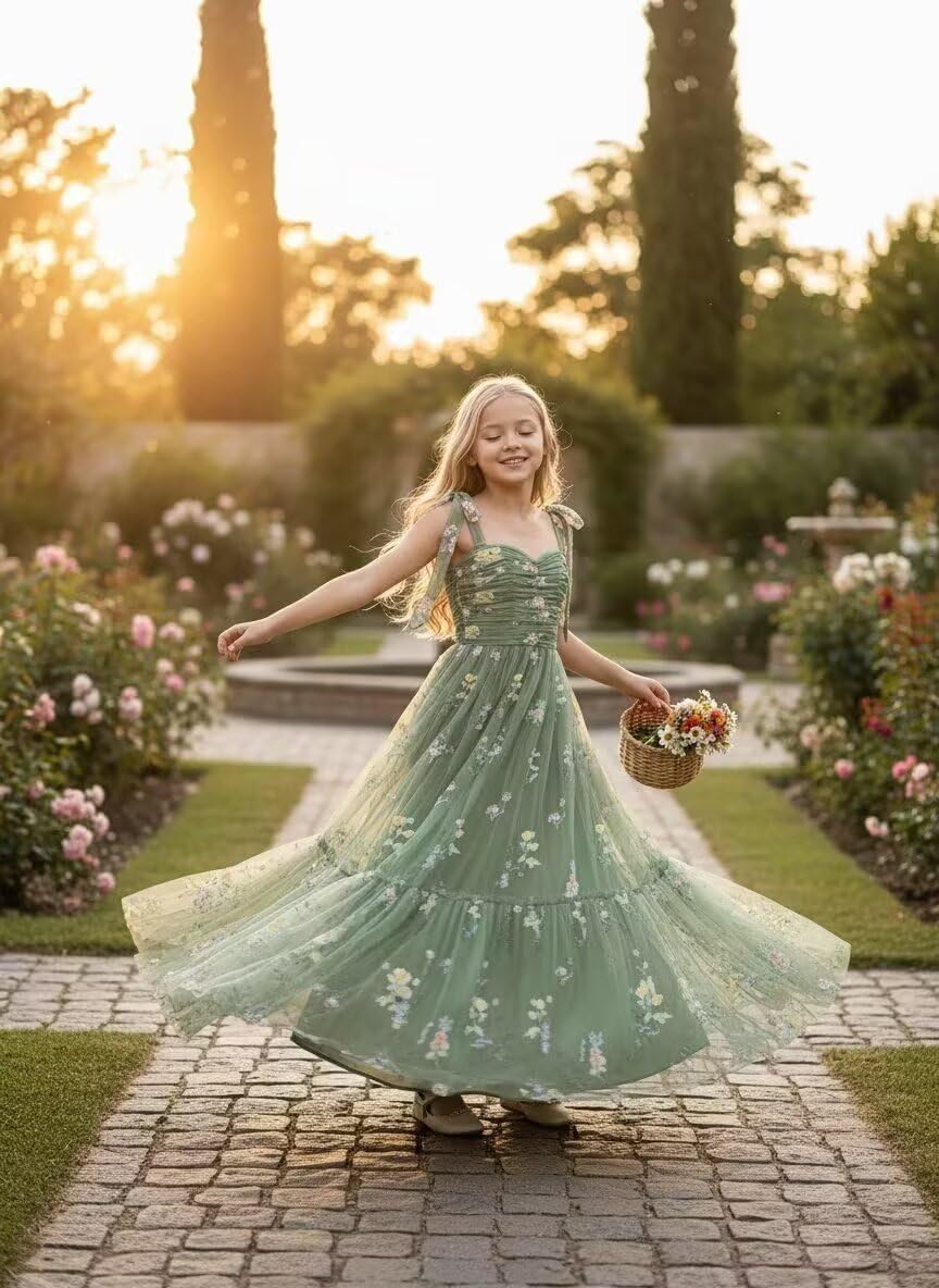 Junior Bridesmaid Dresses for Wedding Flower Embroidery Tulle Girl Dress A Line Long Formal Pageant Gowns