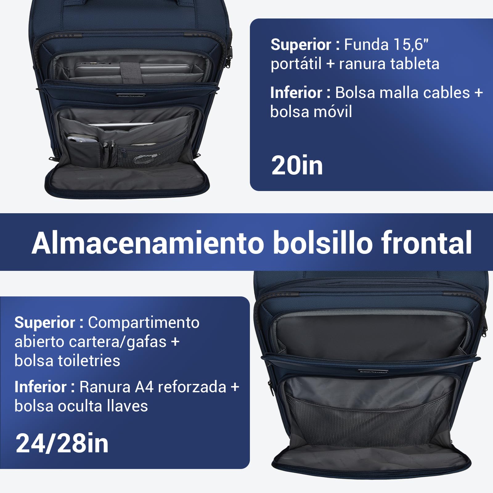 British Traveller Maleta Cabina 57,5cm Trolley Rígido con 4 Ruedas Giratorias y Cerrado TSA, Azul