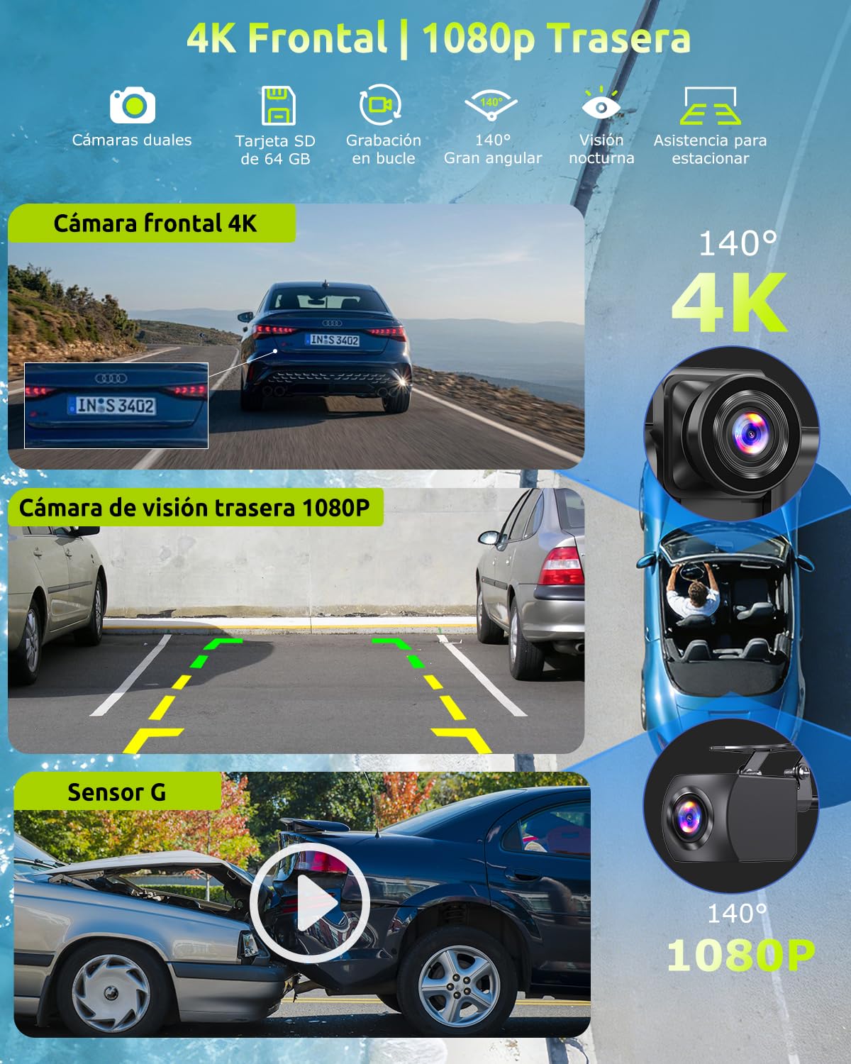 ESSGOO Pantalla Coche 10.26 Pulgadas con Carplay y Android Auto Inalámbrico con Cámara Frontal 4K Trasera 1080P, IPS Táctil, Bluetooth 5.3, Mirror Link, FM, AUX, Control por Voz (Siri/Google), 64GB TF