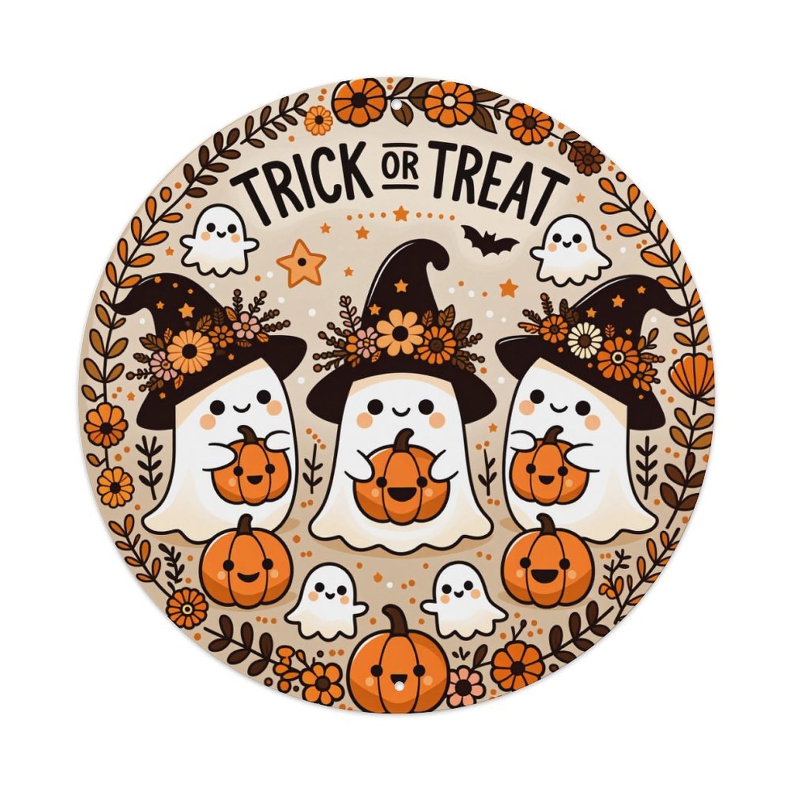 Trick Or Treat Ghosts Pumpkins Round Tin Sign Vintage Metal Poster Retro Bar, Home, Man Cave, Kitchen, Laundry Room Wall Art Decor Gift 8x8Inch