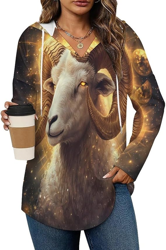 Zodiac Sign Aries Golden Womens Hoodies Pullover Lightweight Hooded Sweatshirts Long Sleeve Shirts Loose Fall Tops