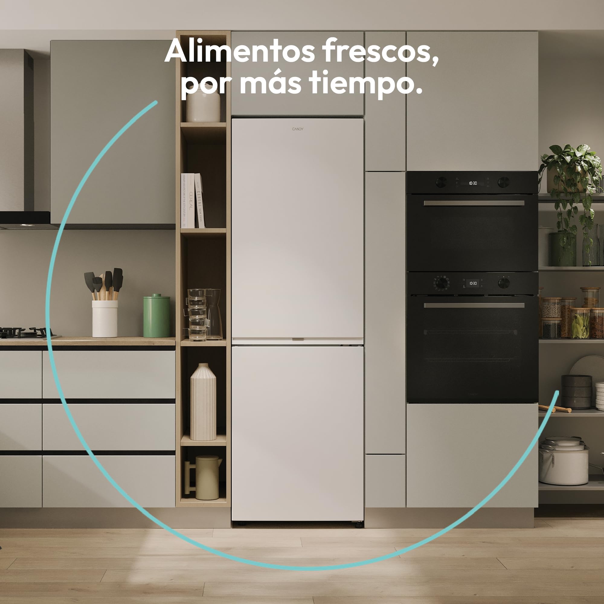 Candy Fresco 300 CNCQ2T618AW, Frigorífico Combi, Capacidad 355L, Total No Frost Circle+, Cajón Verdulero, Control Electrónico de temperatura, 60x185cm, Iluminación LED, Puerta Reversible, 38DB, Blanco
