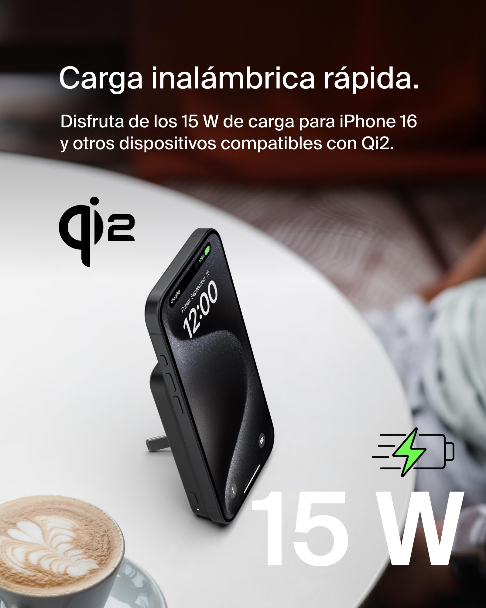 Belkin BoostCharge Pro Batería Externa Inalámbrica de 5000mAh con Qi2, Cargador portátil Compatible con MagSafe + Soporte Caballete, batería portatil para Phone 16, iPhone 15, 14, 13 y Otros, Negro