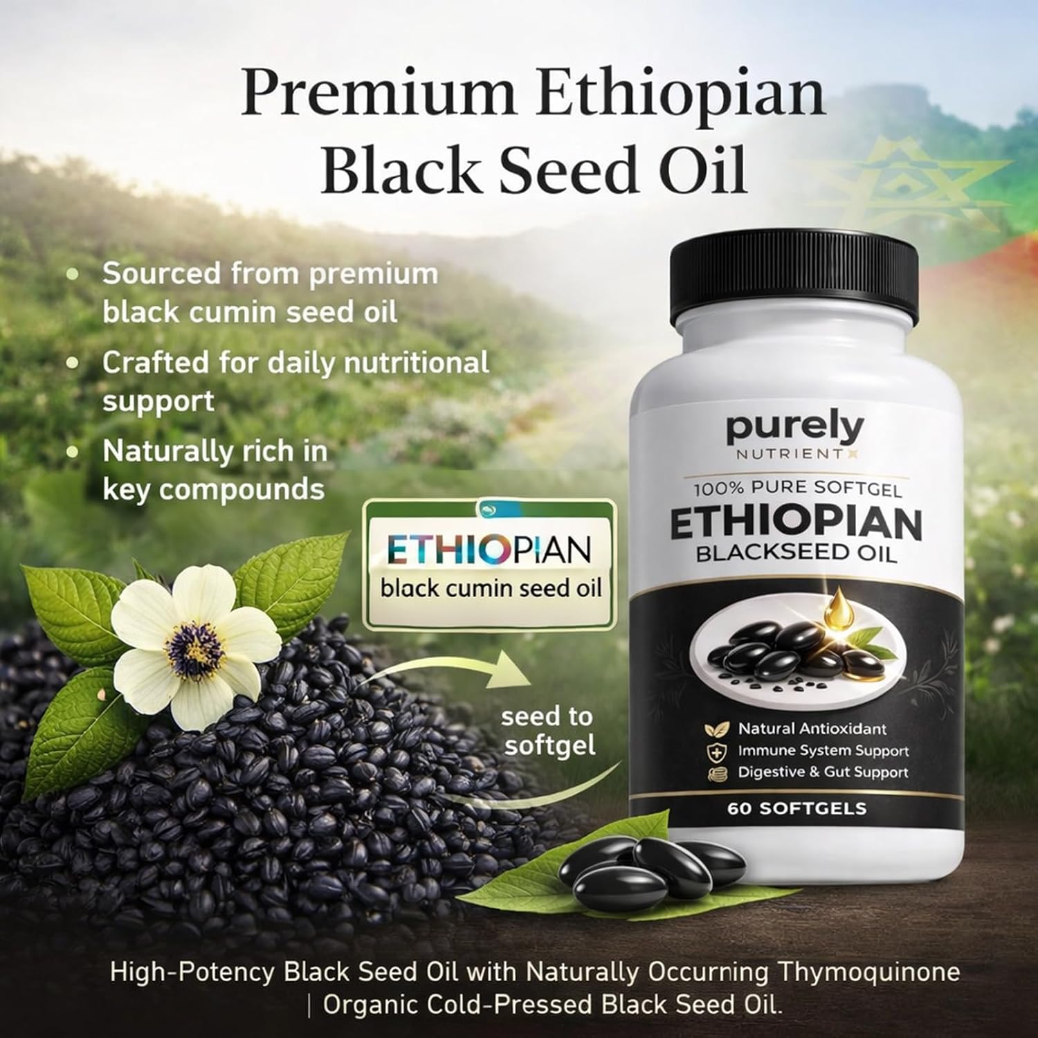 Purely Nutrient Ethiopian Black Seed Oil Capsules with Thymoquinone – Organic Cold Pressed, Immune Support, Digestion & Energy Supplement – Non-GMO, Gluten-Free – 60 Softgels
