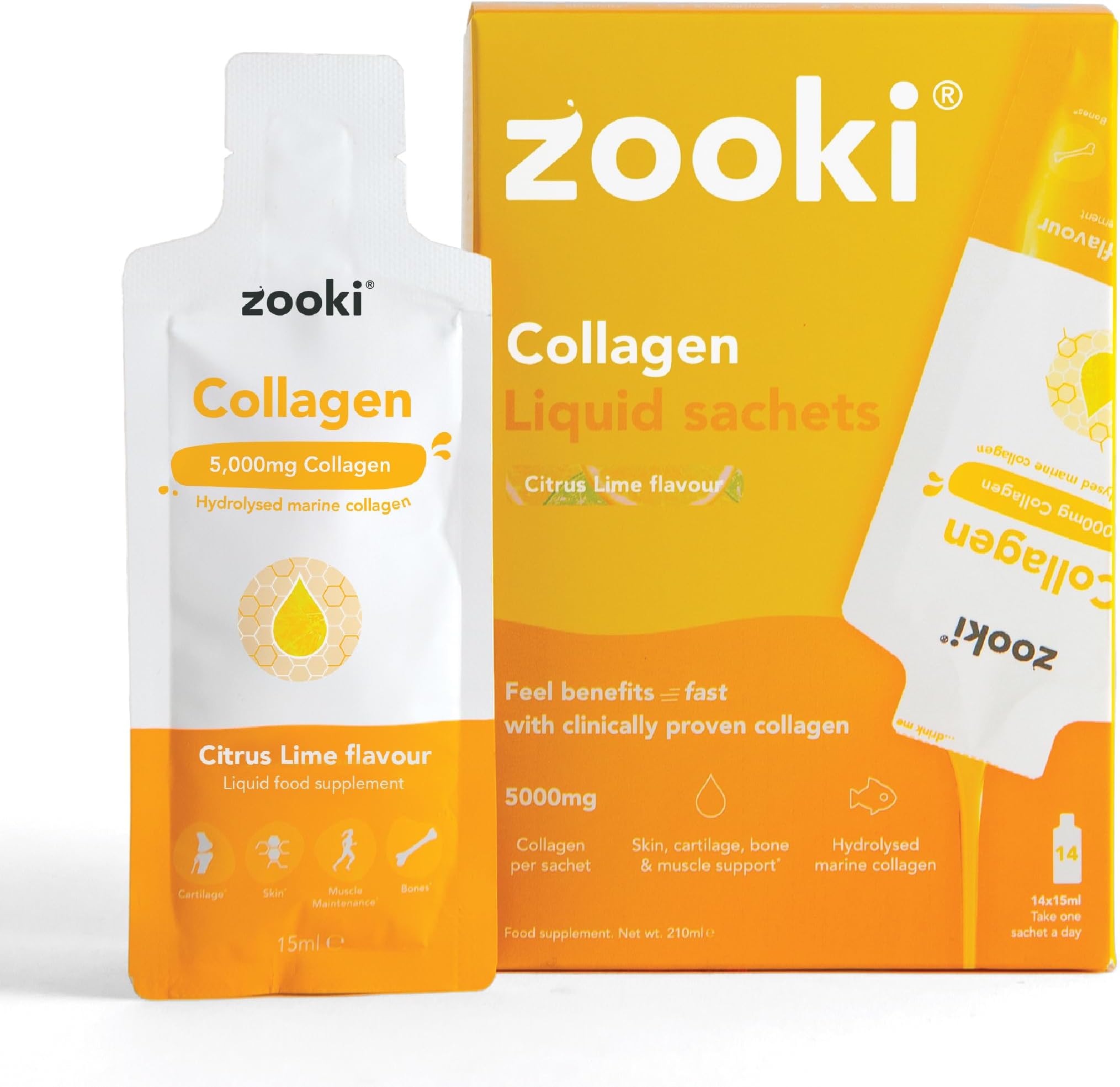Zooki 5000mg Marine Collagen Liquid Sachets | Hydrolysed Marine Collagen Peptides | Support Skin, Hair, Nails, Joints, Bones & Muscles | (Citrus Lime Flavour, 14 Servings)