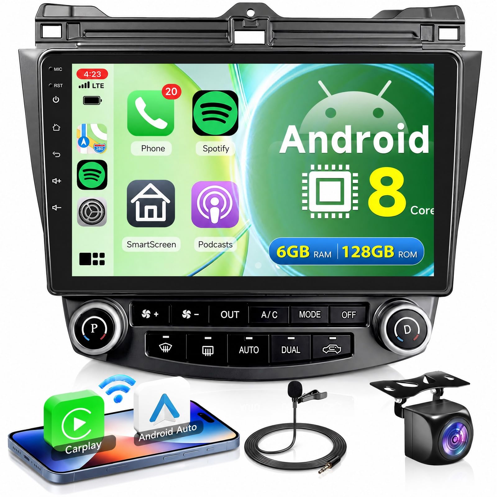 6g+128g 8 core android 13 car stereo car radio for honda accord 2003-2007 wireless carplay dsp-36, rimoody 10.1'' touchscreen gps wifi bluetooth fm/rds mirror link 59-ui themes backup camera