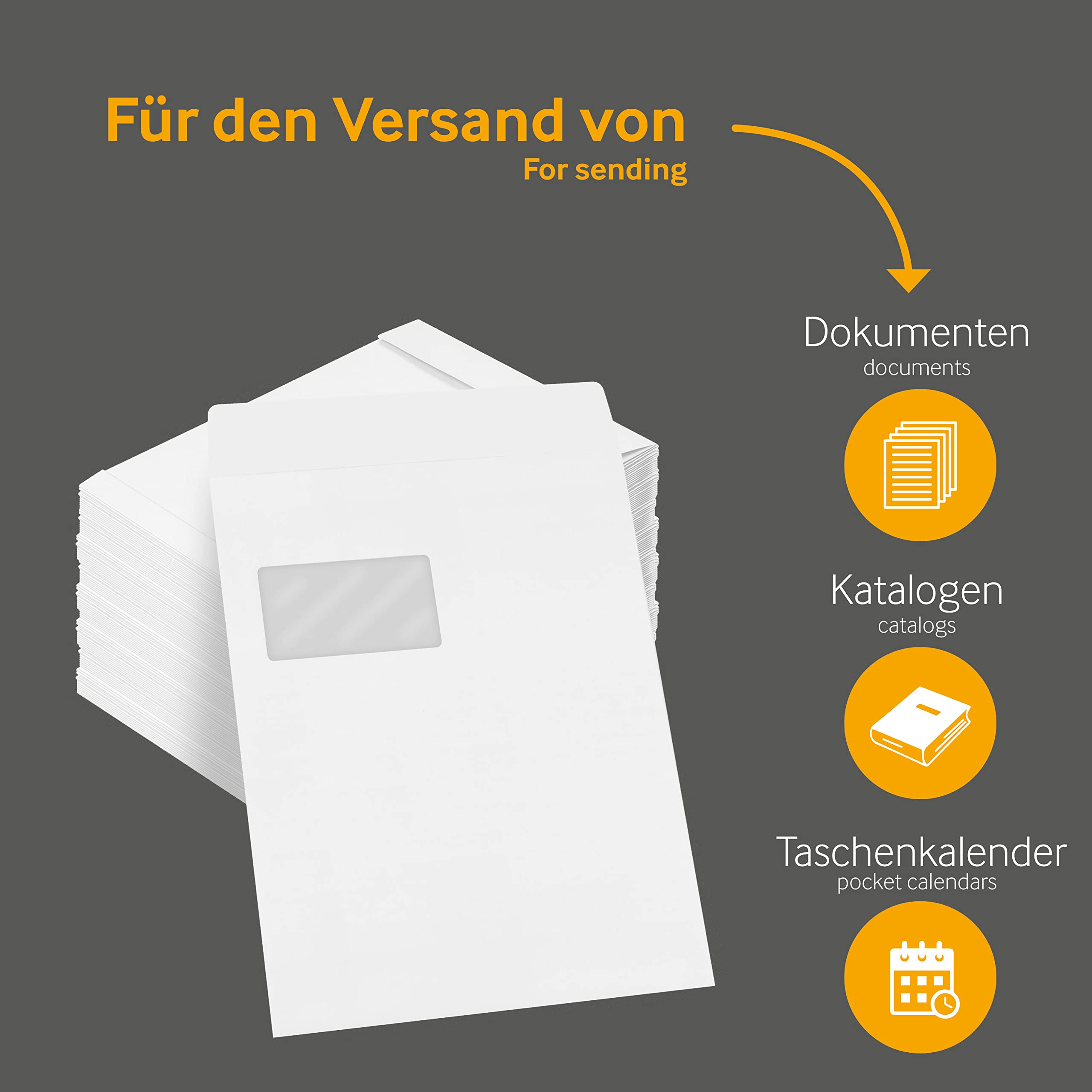 Faltentaschen | Premium | 229 x 324 x 20 mm (DIN C4) mit Fenster | Weiß (250 Stück) mit Abziehstreifen | Briefhüllen, Kuverts, Couverts, Umschläge mit 2 Jahren Zufriedenheitsgarantie