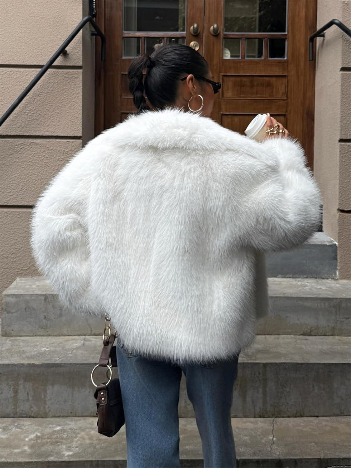 Womens Faux Fur Coat Winter Shaggy Long Sleeve Open Front Casual Oversized Lapel Jackets Warm Fuzzy Outerwear - Image 5