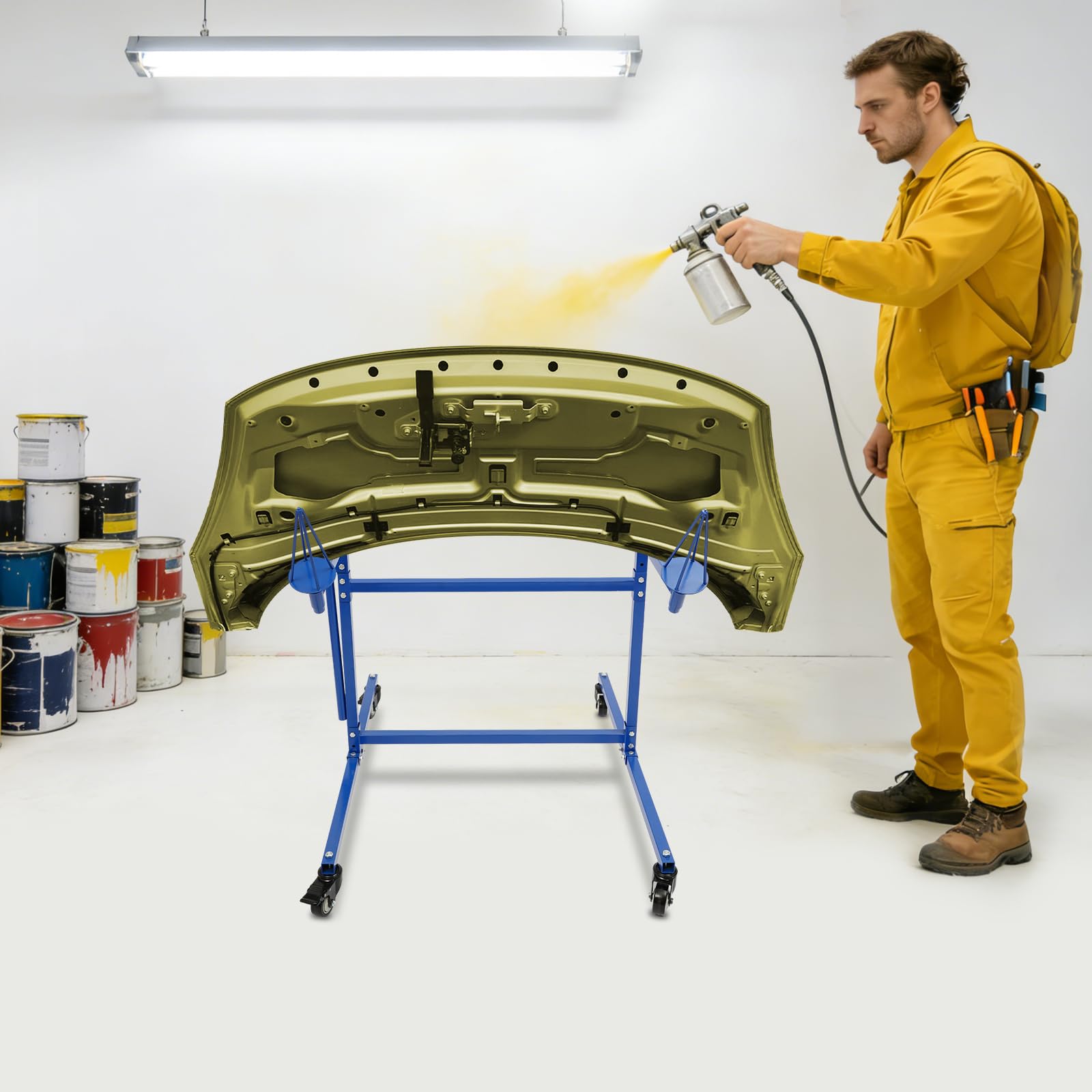 Felgenlackierständer 4 Felgen Lackierbock (Blau) | Lackierständer mit 360° Rollen und höhenverstellbaren Halterungen für Autoteile Räder Hauben Kotflügel in Garage Werkstatt