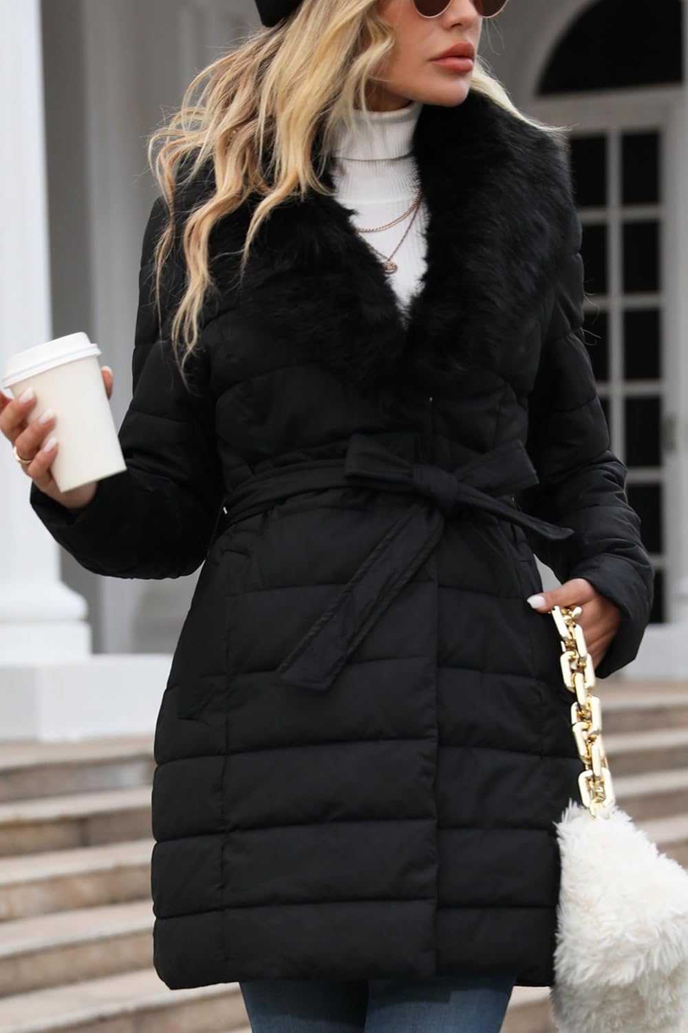 Bellivera Women's Winter Puffer Jacket Cold-Resistant Patchwork Plush Lining Coat with Removable Fur Collar Hooded and Belted - Image 6