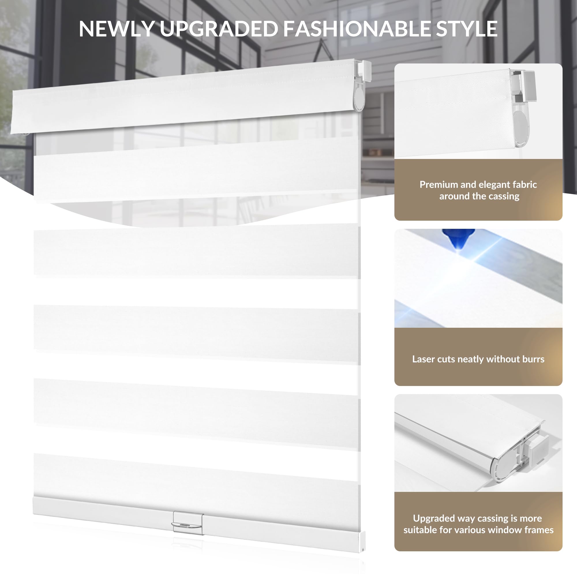 Boolegon No Drill No Tools Zebra Blinds, Blackout Zebra Shades, Dual Layer Cordless Window Blinds, Light Control Window Shades, Blinds for Indoor Windows, Easy to Install, White, 69