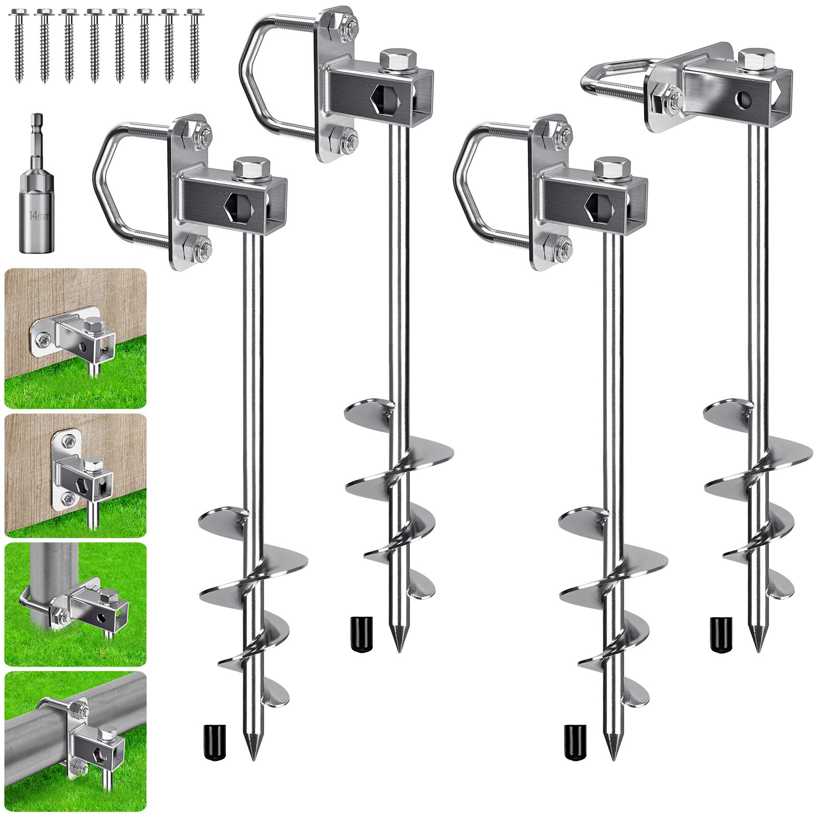 BeneLabel Bodenanker Erdanker, Trampolin Schraubheringe Zeltheringe Erdnägel 7.2cm Spirale 4er Windsturm Klettergerüst Spike für Schaukel/Wohnmobil/Carport/Zaun mit Fester Platte