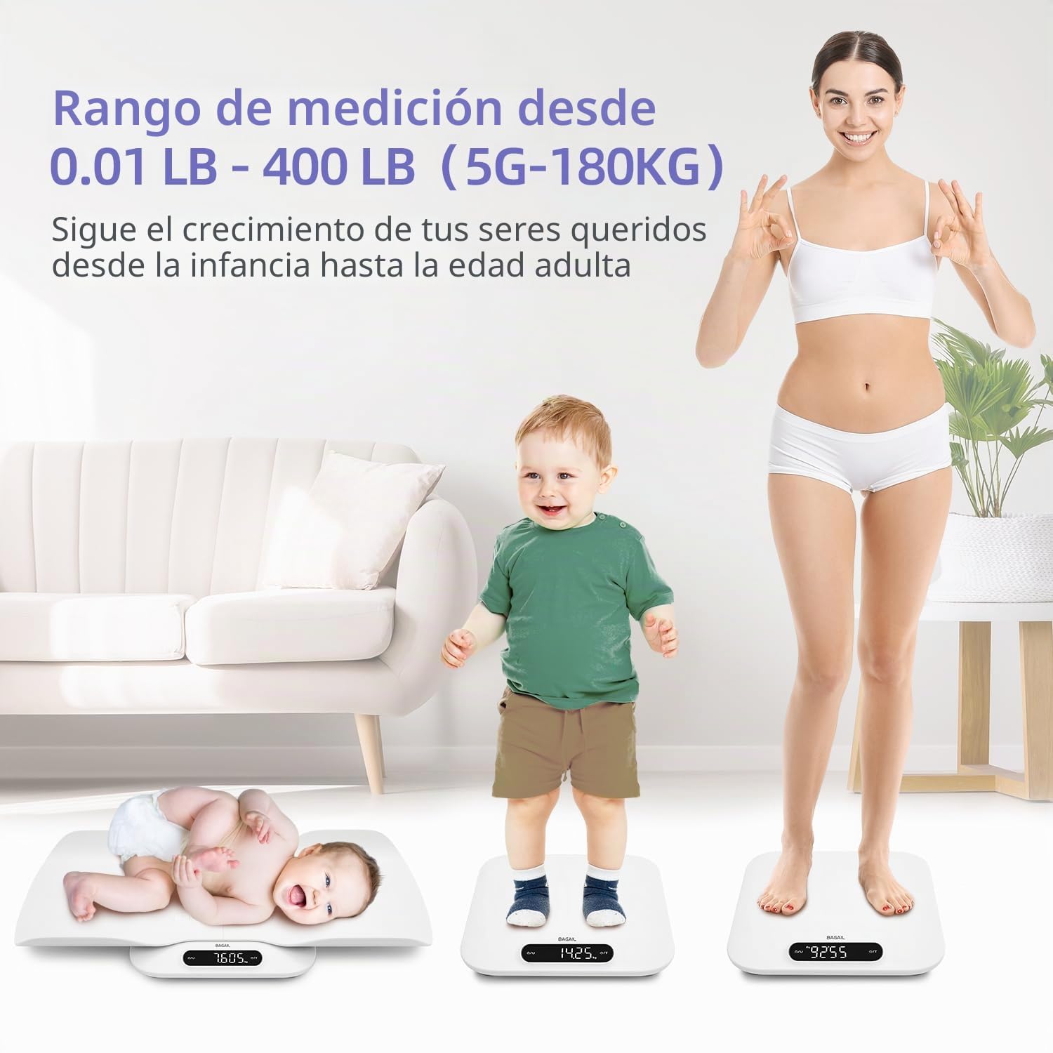 BAGAIL Báscula para bebés con superficie de pesaje segura y cómoda, función dos en uno, también puede utilizarse como báscula para niños pequeños, báscula digital para mascotas, hasta 180 kg