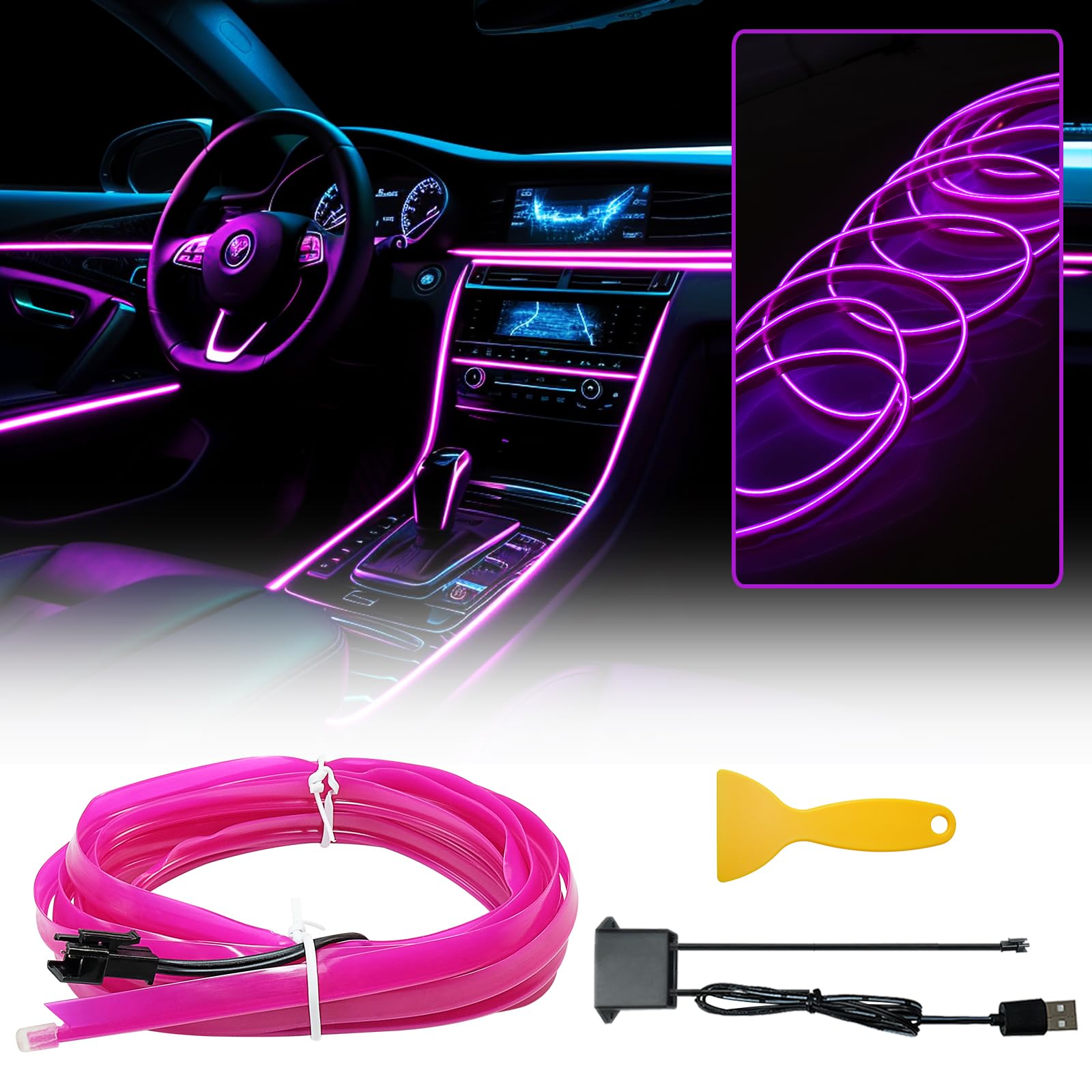 WOWLEDPurple El Wire Interior Lights, USB Neon Wire Light Kit for Ambient Lighting Atmosphere, LED Strip Light Sewing Edge Decoration (3m / 5V)