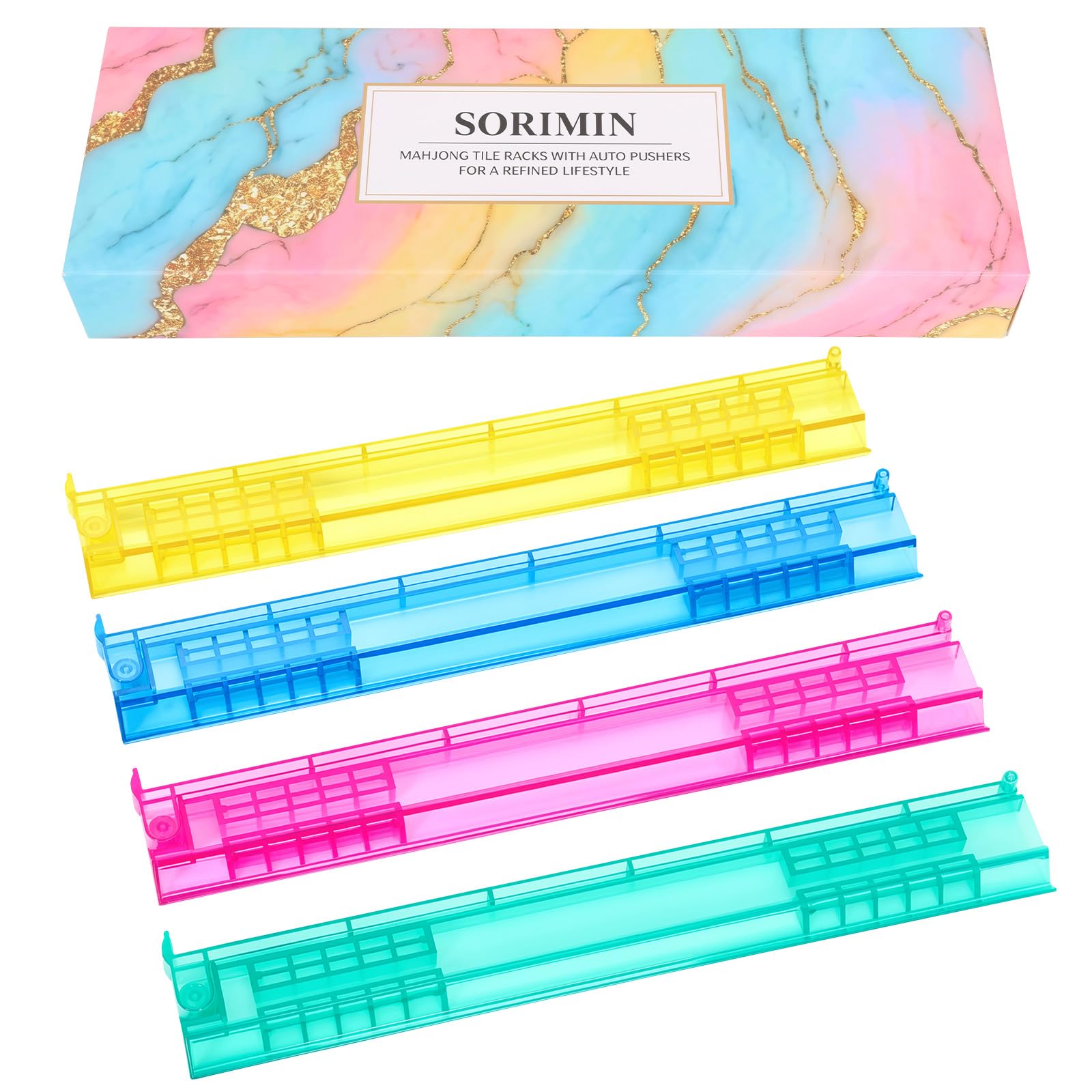 CBWERBB Mahjong Tile Rack with Pusher Set of 4,Clear Multicolor Mahjong Pusher Rack,Heavy Duty PS Mah Jong Tray Integrated Smooth Sliding Track for Home Party(Macaron marble)