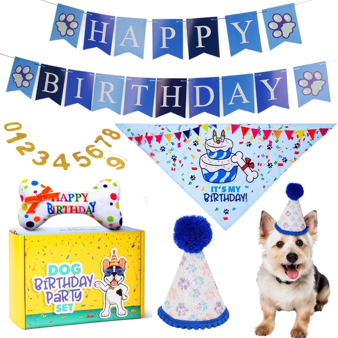 Pacific Pups ProductsPacific Pups Products Dog Birthday Party Supplies - Dog Birthday Hat, Bandana, Banner, Dog Toy Gift & Numbers for Age - Puppy Birthday Decorations & Gotcha Day Dog Party Decorations