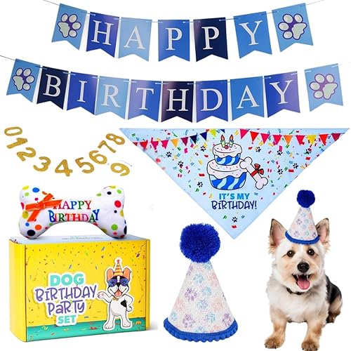 Pacific Pups - Juego de decoraciones de cumpleaños para perro, sombrero de cumpleaños para perro, bandana de cumpleaños para perro, juguete