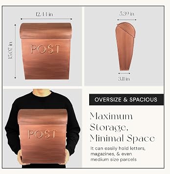 NACH Wall Mount Mailboxes for Outside, 5 x 12.75 x 10.75 inches, Copper Mailboxes for Outside Wall Mount, Waterproof Mailbox - The Sylvia Mailbox
