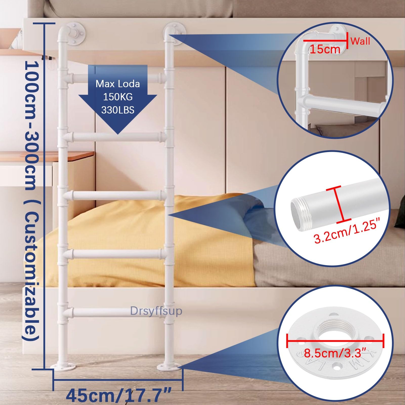 Scala da soffitta in metallo bianco - Facile da installare, scale di uscita per finestre da seminterrato, scala di emergenza antincendio per letto a castello di camper, dormitorio, scale a pioli(100cm