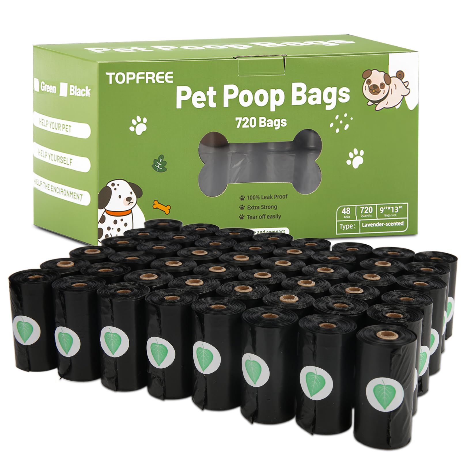 Topfree Poo Bags for Dog Waste, 48 Rolls 720 Dog Poop Bags (Black)