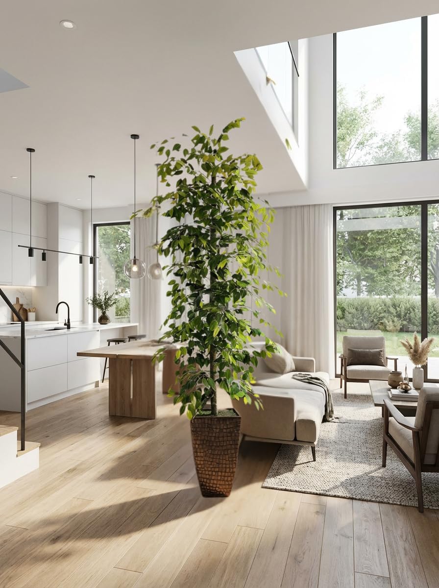 LCG Florals 8ft Artificial Ficus Tree in Copper Metal Pot - Real Wood Trunk, No Maintenance Indoor Faux Plant - Living Room, Home & Office Decor