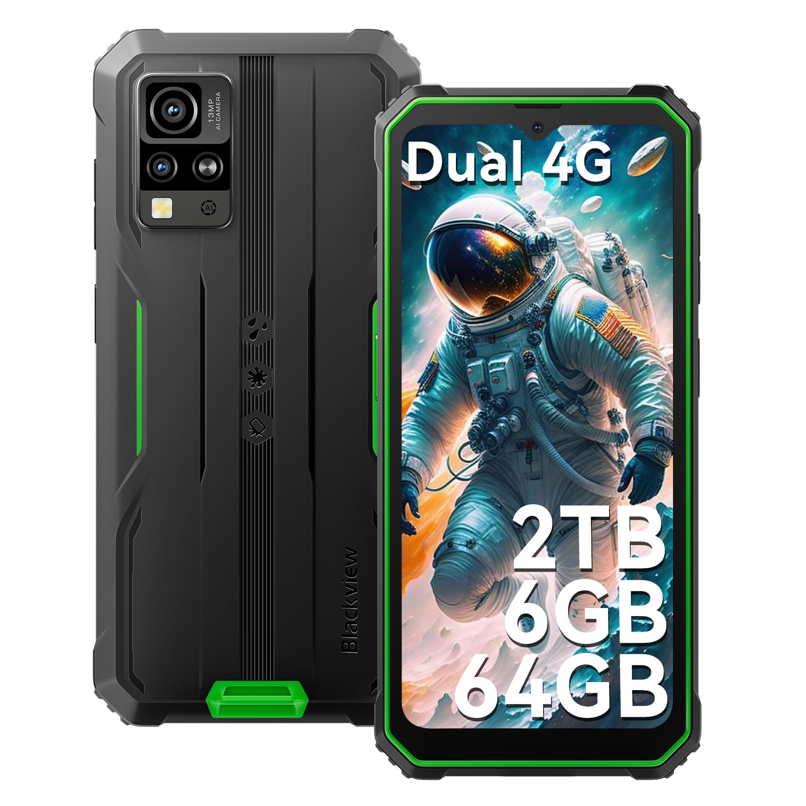 Blackview BV4800 Rugged Phone, Rugged Smartphone Unlocked, 6GB+64GB/SD 2TB Smart Phone Android, 6.56" HD+ Display, 5180mAh, IP69K Waterproof Phone, Dual 4G T-Mobile ATT, Face ID, Glove Mode, NFC