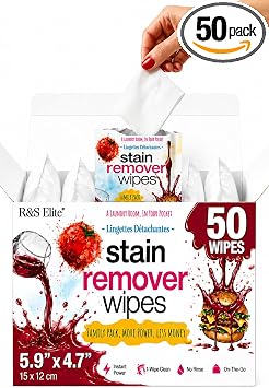 Stain Remover Wipes, 50 Count, Individually Wrapped, Instant Stain Remover | For clothes, fabric & jackets, No-rinse cleaner, Portable for travel, purse & diaper bag, Removes grease, food & more