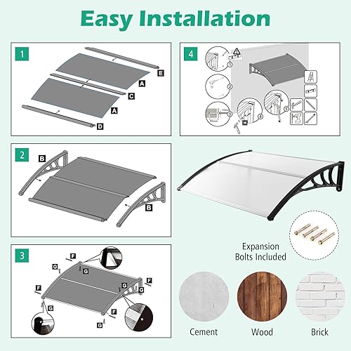 Miniatura 6 de Tangkula Toldo de ventana de 40 x 48 pulgadas, moderno toldo de policarbonato para puerta superior con hoja hueca para protección contra la lluvia,