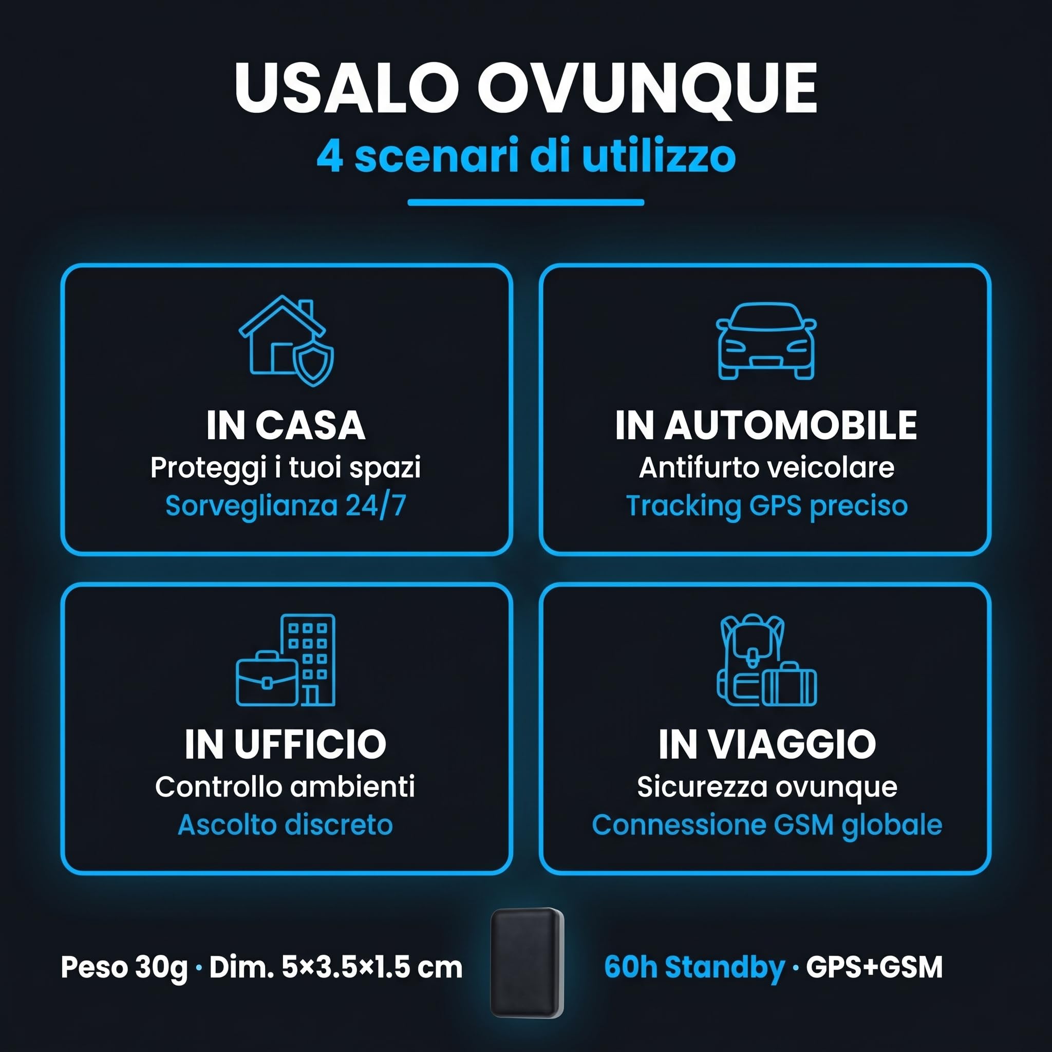 Microspia Audio GSM Localizzatore GPS Professionale - Ascolto Ambientale Real-Time e Registratore Vocale - Antifurto Spia per Auto Ufficio Casa - Richiamata Automatica Vox - 60h Standby (Spectre 7)