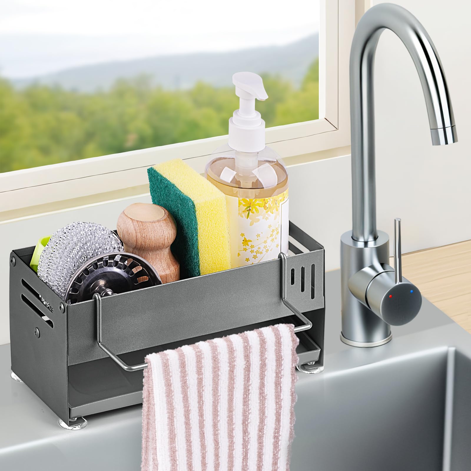 UMILKI Organisateur D'évier De Cuisine, Porte-éponge, Organiseur D'évier Suspendu Avec Porte-torchons Et Colle, Organiseur D'évier De Cuisine Pour Cuisine Et Salle De Bain, Sans Perçage, Noir