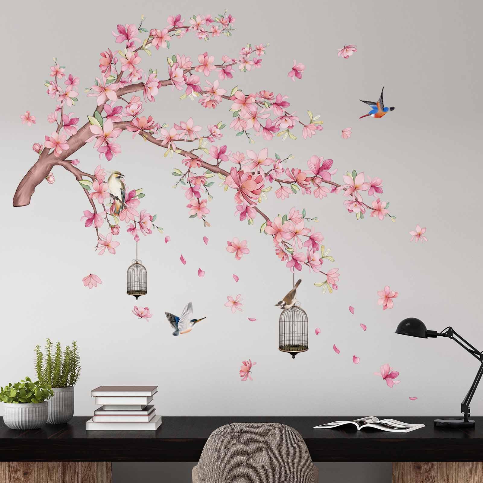 PinkEleph® Pink Magnolia Flower Wall Stickers - Cherry Blossom Floral Tree Branch Birds Wall Decals - Living Room Bedroom TV Sofa Background Family - Peel and Stick Wall Sticker