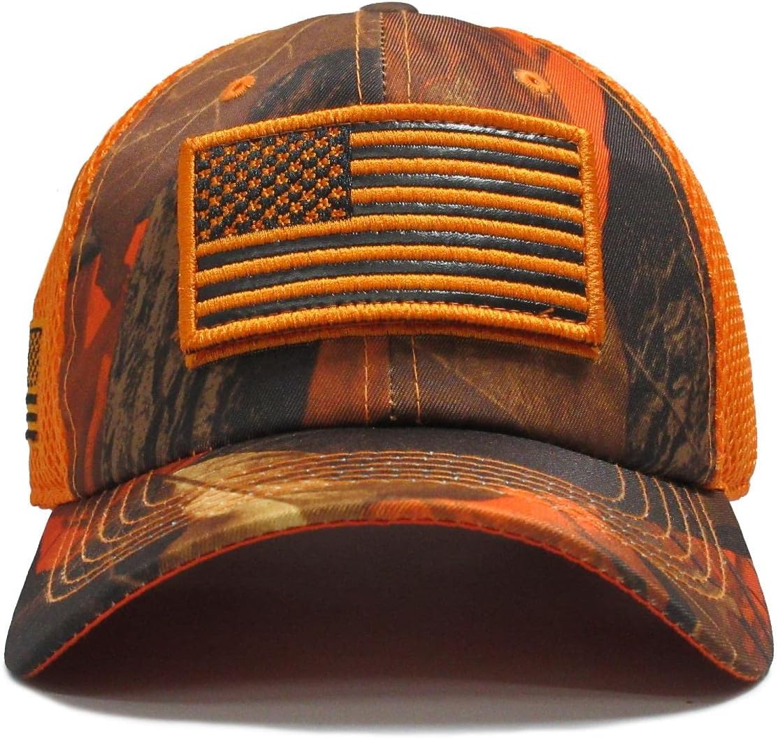 USA Flag Hat Hunter Orange Blaze Hunting Detachable Patch Micro Mesh Cap - Image 3