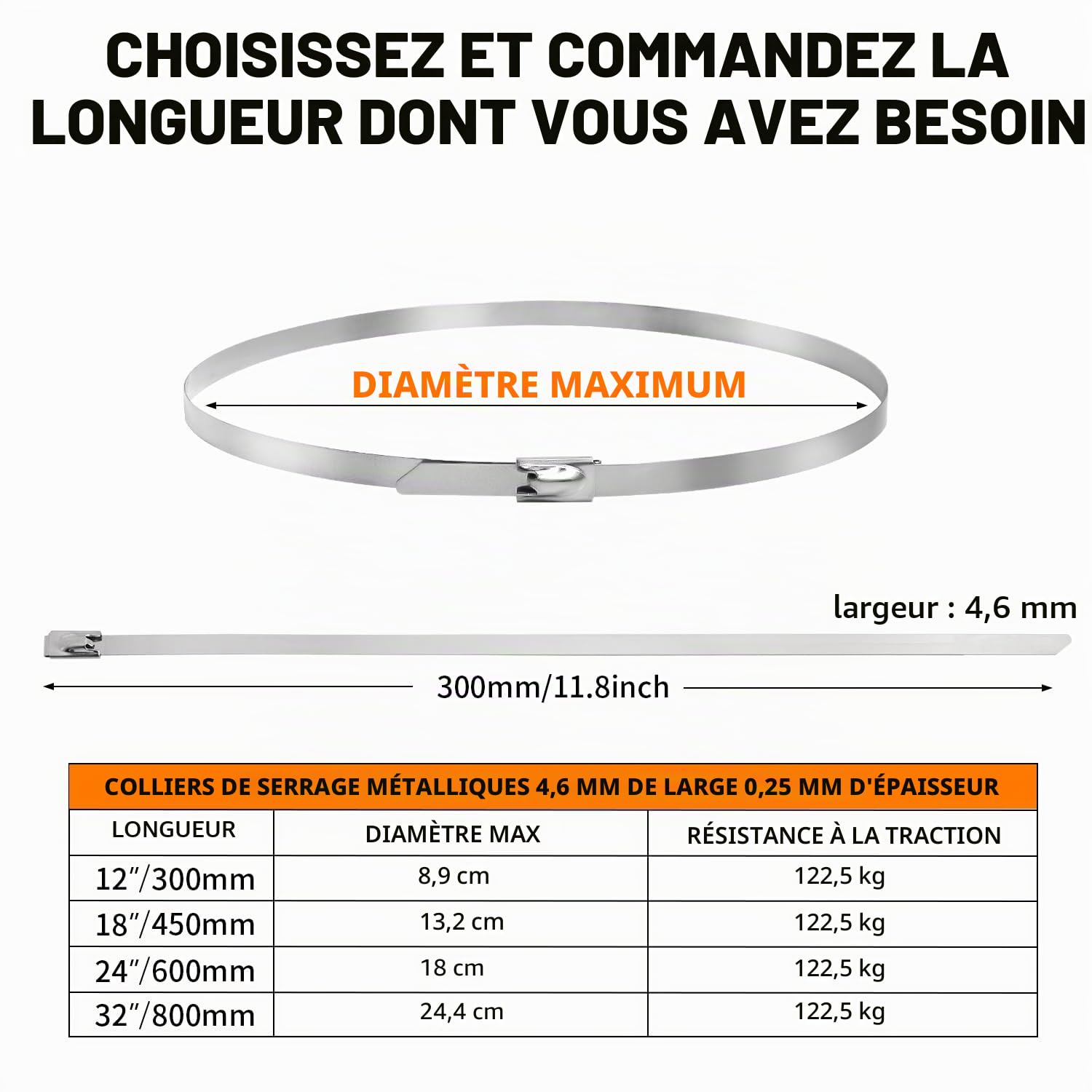 100 Pièces Collier de Serrage Inox 600mm×4,6mm métal Zip Ties Capacité de Charge 122 kg Serre Câbles Acier Autobloquante Attache Câbles en Métal Pour Extérieur, ClôTure, Garage