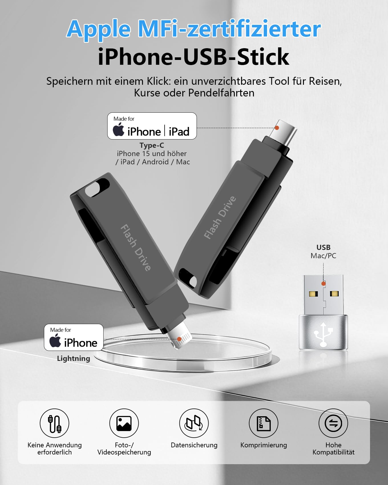 [Ohne App] USB Stick 512GB für iPhone MFi-zertifizierter, Lncnnk 3 in 1 Flash-Laufwerk, Lightning USB 3.0 Speicherstick Fotostick, USB C Stick für iPhone/iPad/OTG Android Handy/Mac/PC,Schwarz - 3