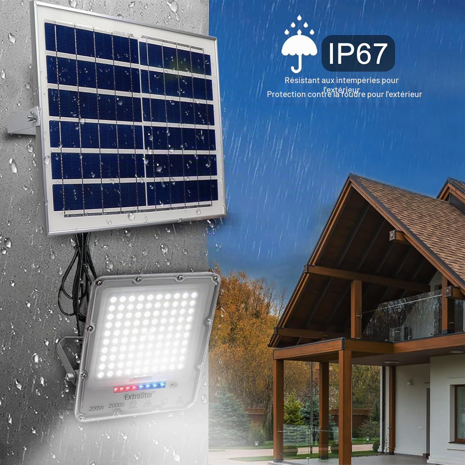 EXTRASTAR Projecteur LED solaire 200 W avec télécommande, lumière blanche froide 6 500 K, 20 000 lm, étanche IP67, adapté pour l'extérieur, jardin, cour