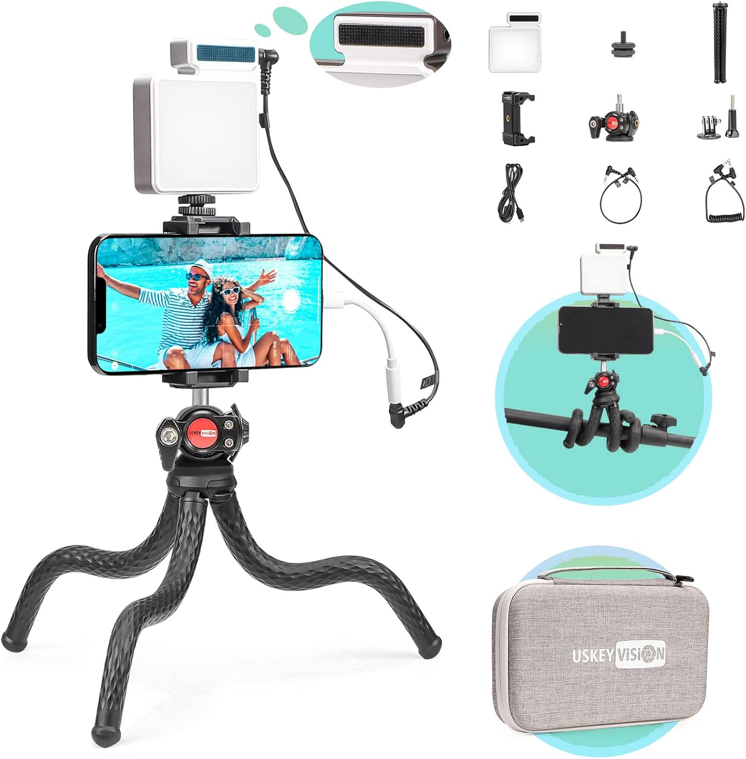 USKEYVISION Flex-K4 Phone Video Kit with Built-in Microphone Led Light Flexible Tripod Vlog Kit for Youtuber and TikTok Creator Combo (Flex-K4)