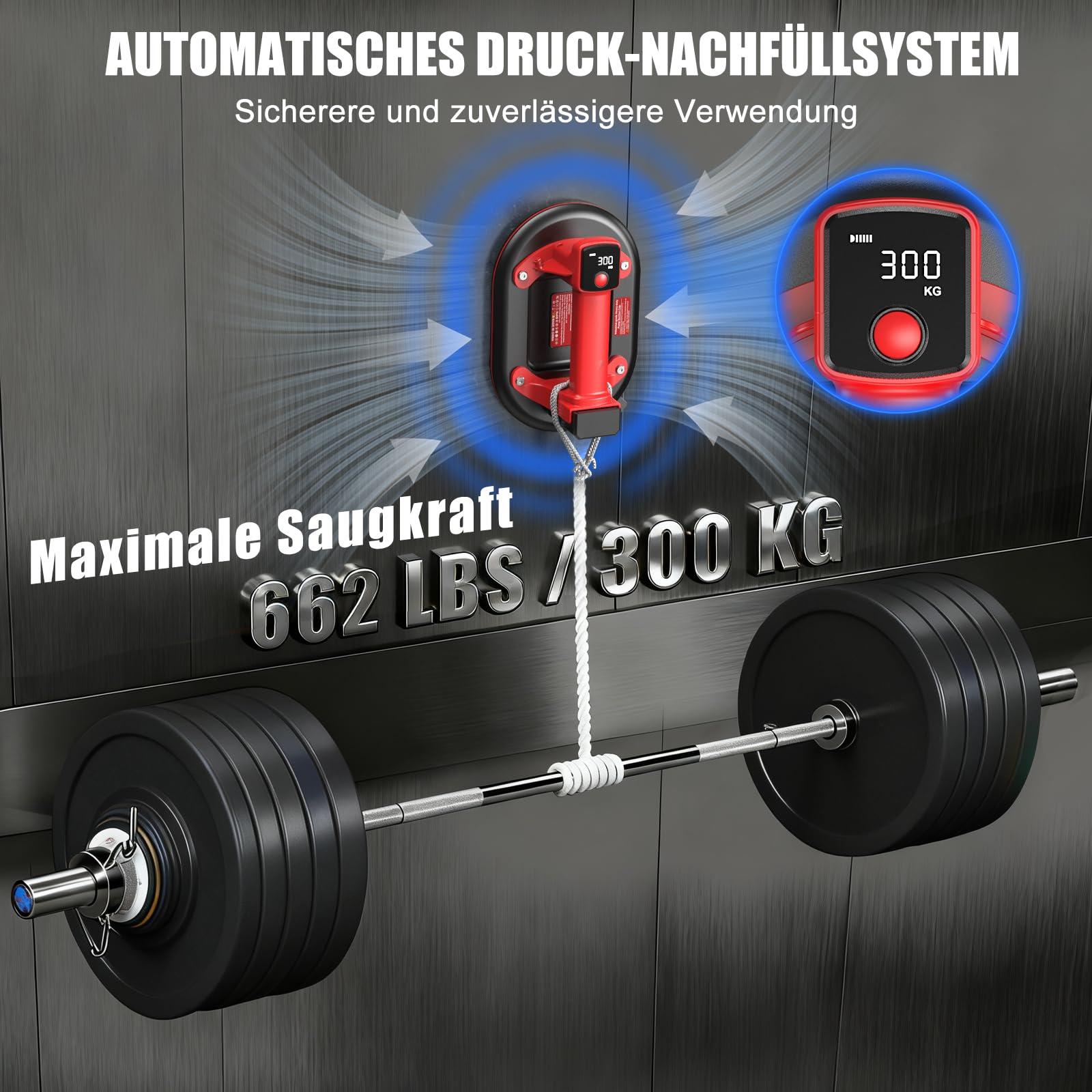 Elektrische Fliesen Saugheber, 10" Elektrische Vakuum Saugheber, 300KG Tragkraft, Akku Glassauger mit 2 x 3,0Ah-Akkus, LadegeräTen, Digitalanzeige, für Glas Fliesen Granit Scheiben Metall