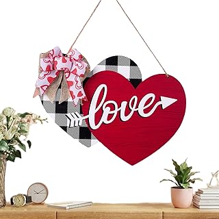 バレンタインデー ドア サイン プレート 装飾 看板, ダブル ハート オーナメント, リボン 付き 木製 バレンタインデー ドア デコレーション, ホーム ウォール ポーチ アウトドア ファームハウス ウェディング のために