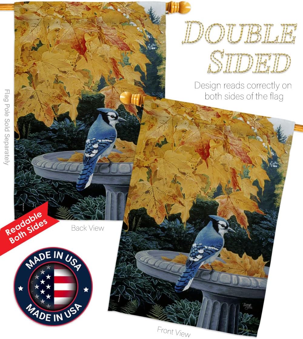 Breeze Decor - Autumn Birdbath Garden Friends - Everyday Birds Impressions Decorative Vertical House Flag 28" x 40" Printed in USA